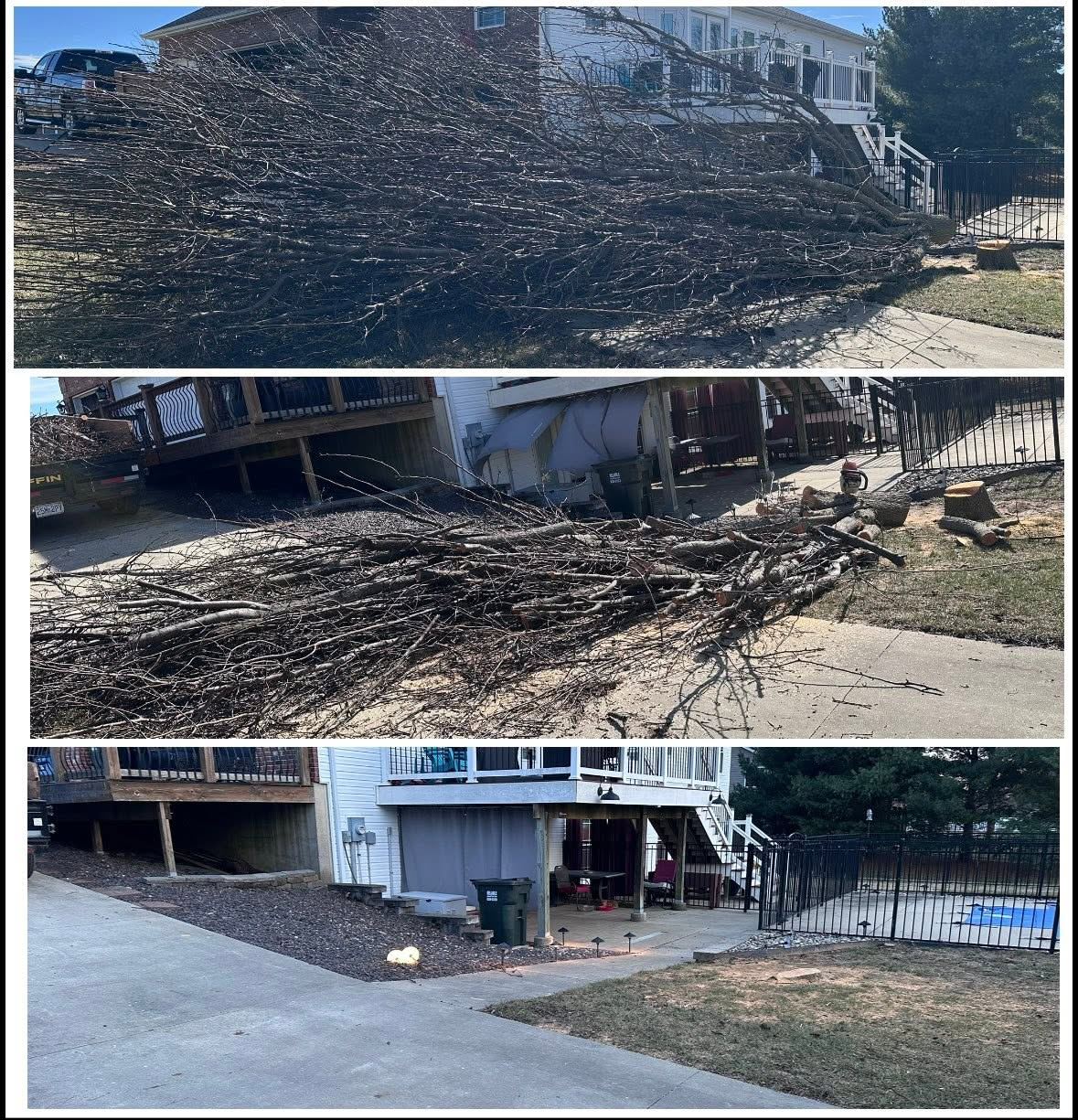 Storm damaged tree removal before and after in St. Charles County MO